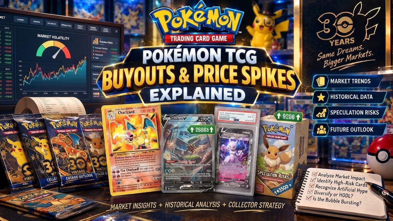 A detailed article thumbnail image titled "Pokémon TCG Buyouts & Price Spikes Explained," featuring a market volatility meter, financial data charts, various Pokémon trading cards, and a collector's checklist on a desk.