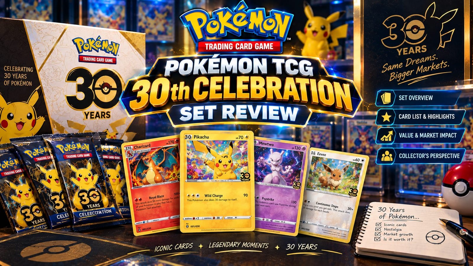 Pokémon TCG 30th Celebration set review featuring iconic promo cards including Pikachu, Charizard, Mewtu, and Eevee alongside celebration booster packs and collector items.
