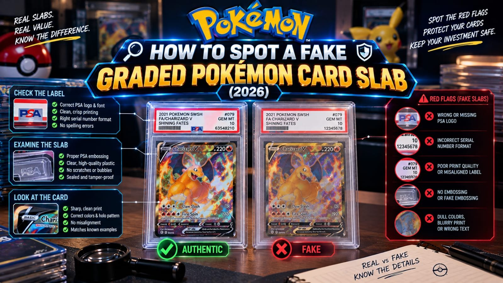 Side-by-side comparison of an authentic vs. fake PSA-graded Charizard V Pokémon card slab, highlighting label, embossing, and print red flags to check