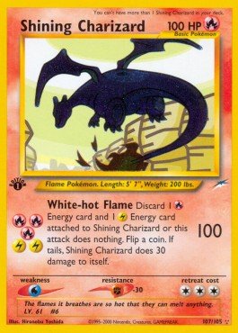 Shining Charizard Neo Destiny 107 Pokemon card in a protective trading card slab on a dark table setup