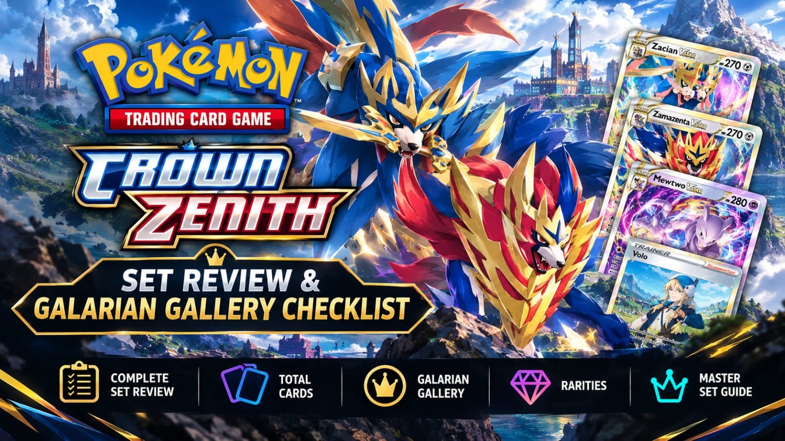 Pokemon TCG Crown Zenith Elite Trainer Box and Galarian Gallery Gold Cards