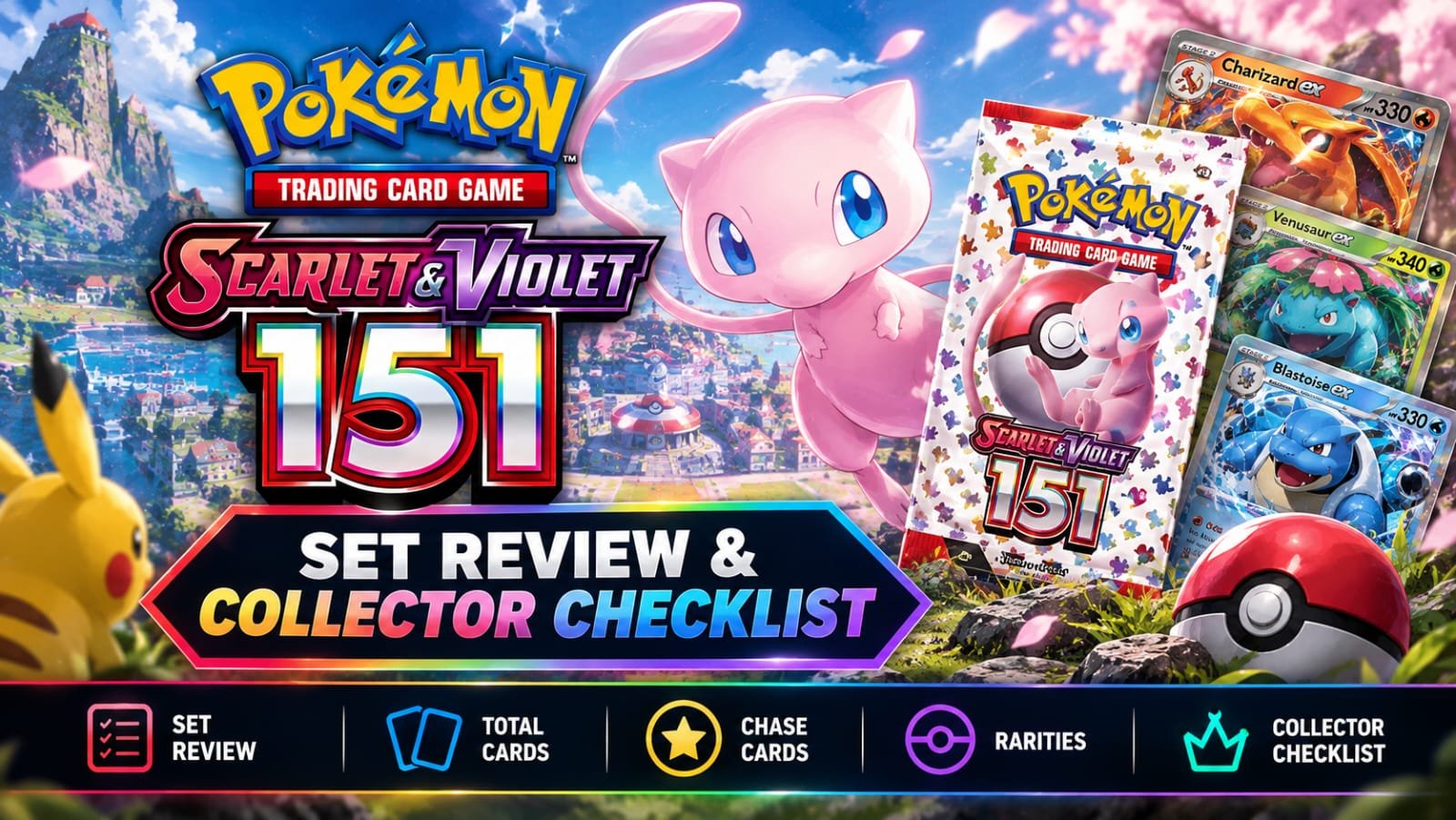 Pokémon TCG Scarlet & Violet 151 set review and collector checklist featuring Mew, Pikachu, Charizard ex, Venusaur ex, and Blastoise ex
