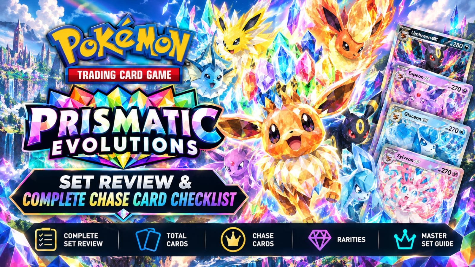 Pokémon TCG Prismatic Evolutions top chase cards including Umbreon ex SIR, Sylveon ex, and Charizard ex in Gem Mint 10 slabs with a collector set review checklist background.