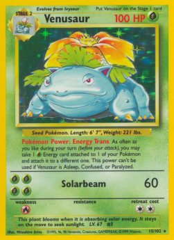 Venusaur Base Set #15/102 price guide showing 1st Edition, Shadowless and Unlimited versions