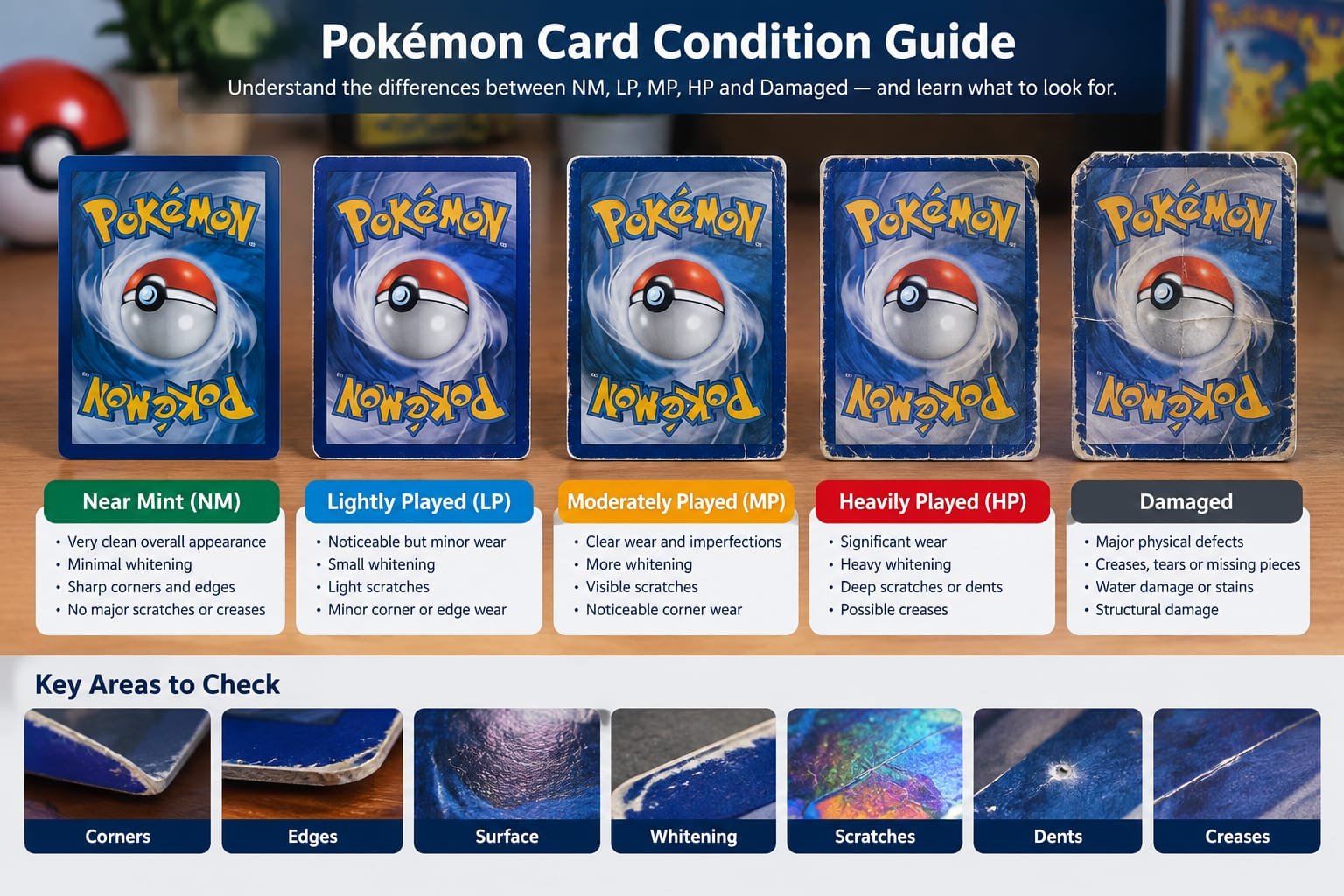 Pokémon card condition guide showing NM, LP, MP, HP and damaged card inspection