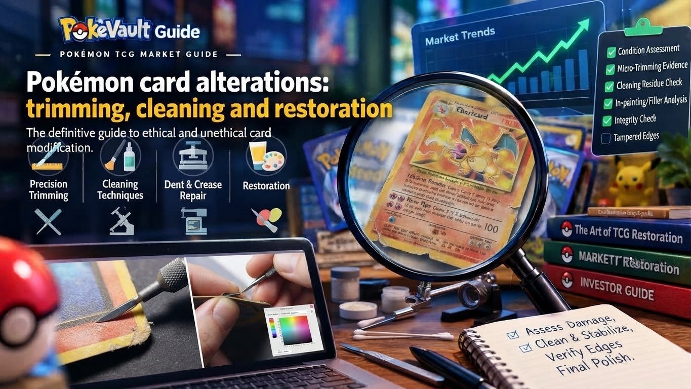 A workspace showing Pokémon card restoration tools, precision trimming equipment, cleaning agents, and a magnifying glass inspecting a card's edges for alterations.