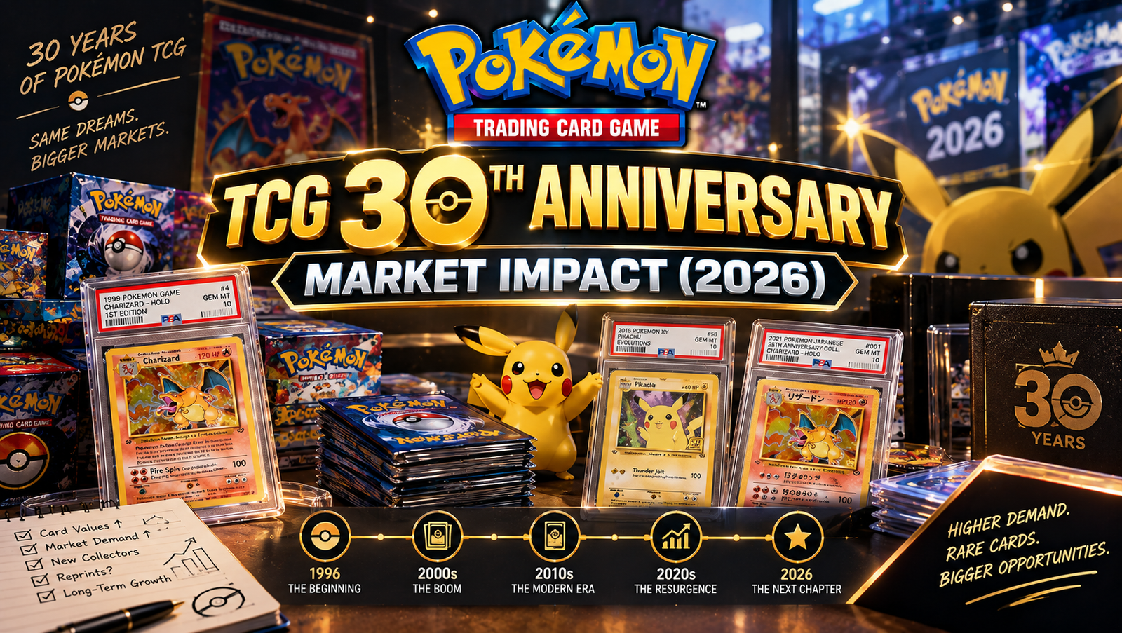Pokémon TCG 30th Anniversary market impact graphic showing graded vintage cards, sealed booster boxes, and a timeline from 1996 to 2026