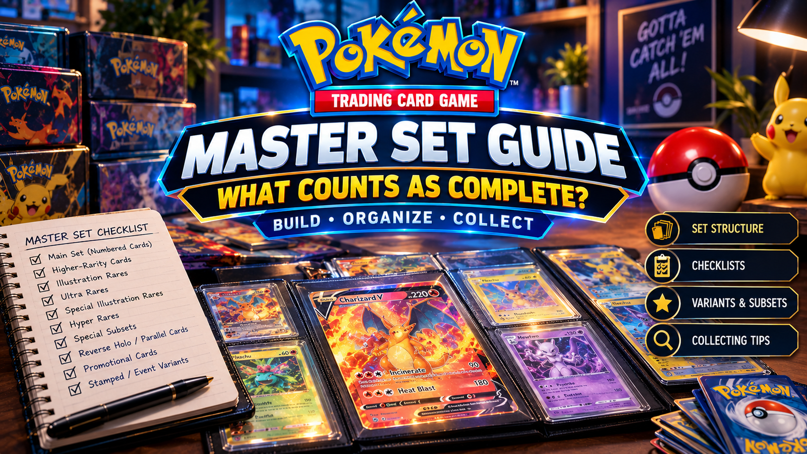Pokémon TCG Master Set Guide showing a collector checklist, trading cards, set structure, variants, subsets, and collecting tips
