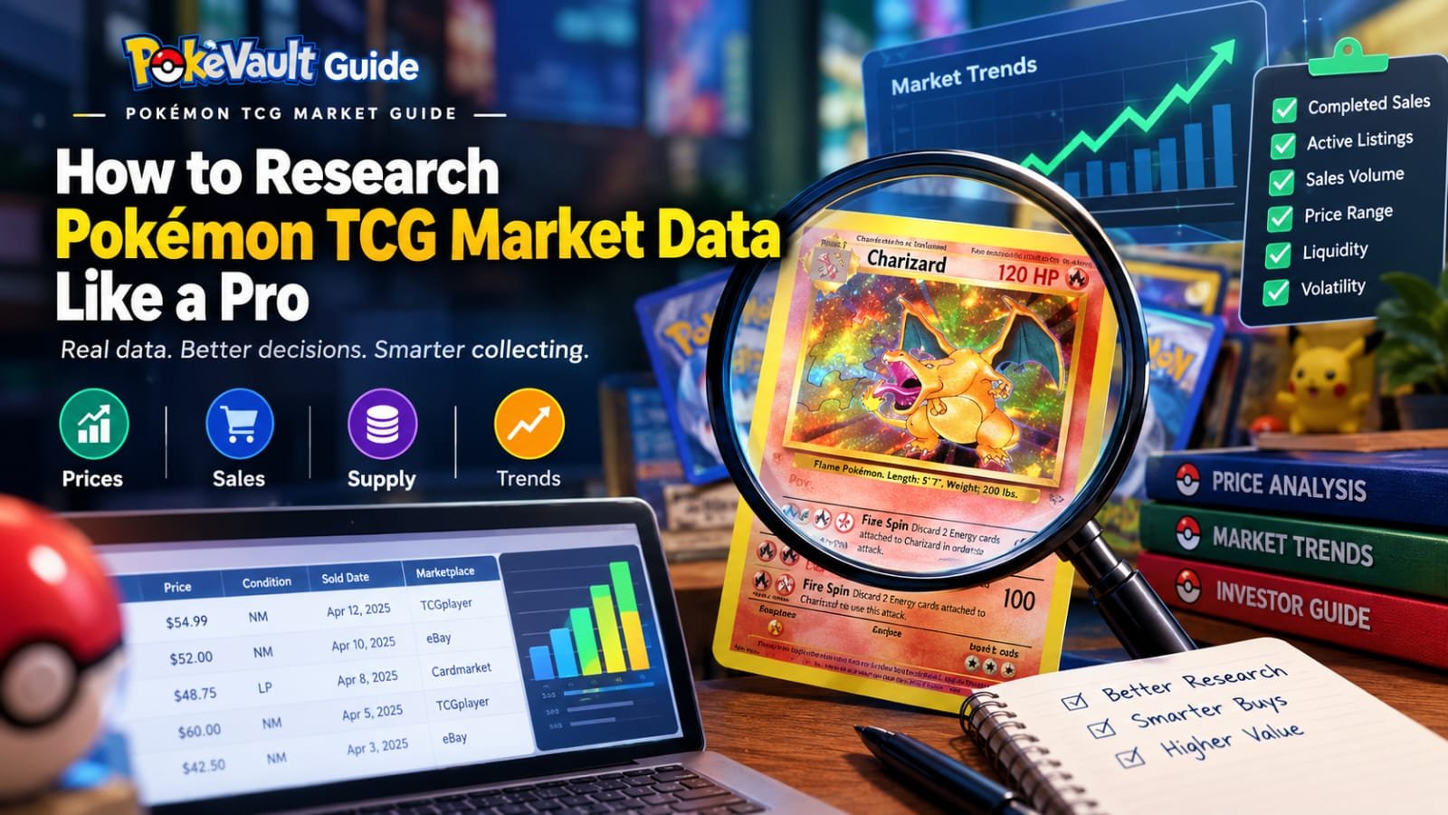 Pokémon TCG market data research guide showing card prices, completed sales, active listings, sales volume, liquidity, volatility, and market trends