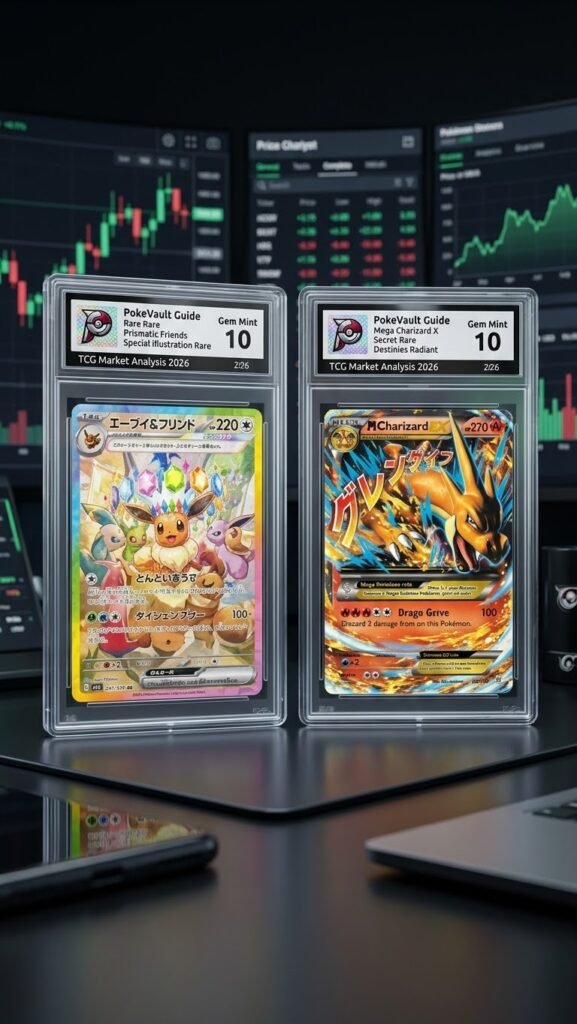 Pokémon TCG Market Trends: Eeveelutions & Mega Evolution Cards Price Surge Analysis A side-by-side view of Gem Mint 10 graded Eevee & Friends alternate art and Mega Charizard X full art Pokémon cards, featuring custom PokeVault Guide labels against a dark modern trading background with digital charts.