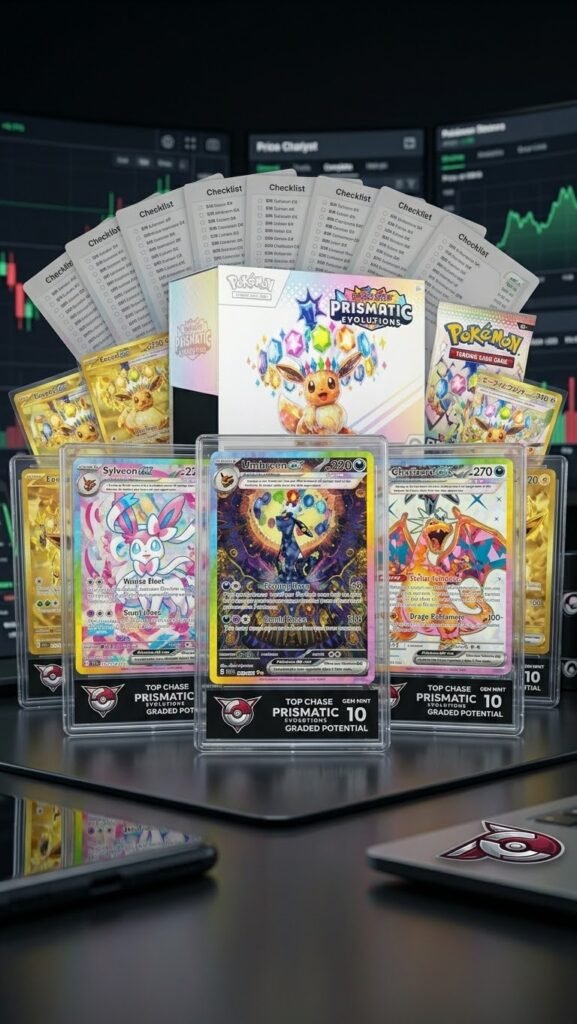 Pokémon TCG: Prismatic Evolutions Set Review & Complete Chase Card Checklist Pokémon TCG Prismatic Evolutions top chase cards including Umbreon ex SIR, Sylveon ex, and Charizard ex in Gem Mint 10 slabs with a collector set review checklist background.