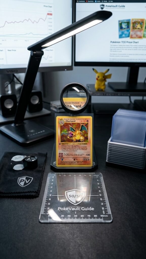 Pokémon Card Pre-Grading Guide: How to Inspect Your Cards Before Submitting Professional pre-grading inspection setup for Pokémon cards featuring a centering ruler tool, jewelers loupe, and high-value single card under desk light.