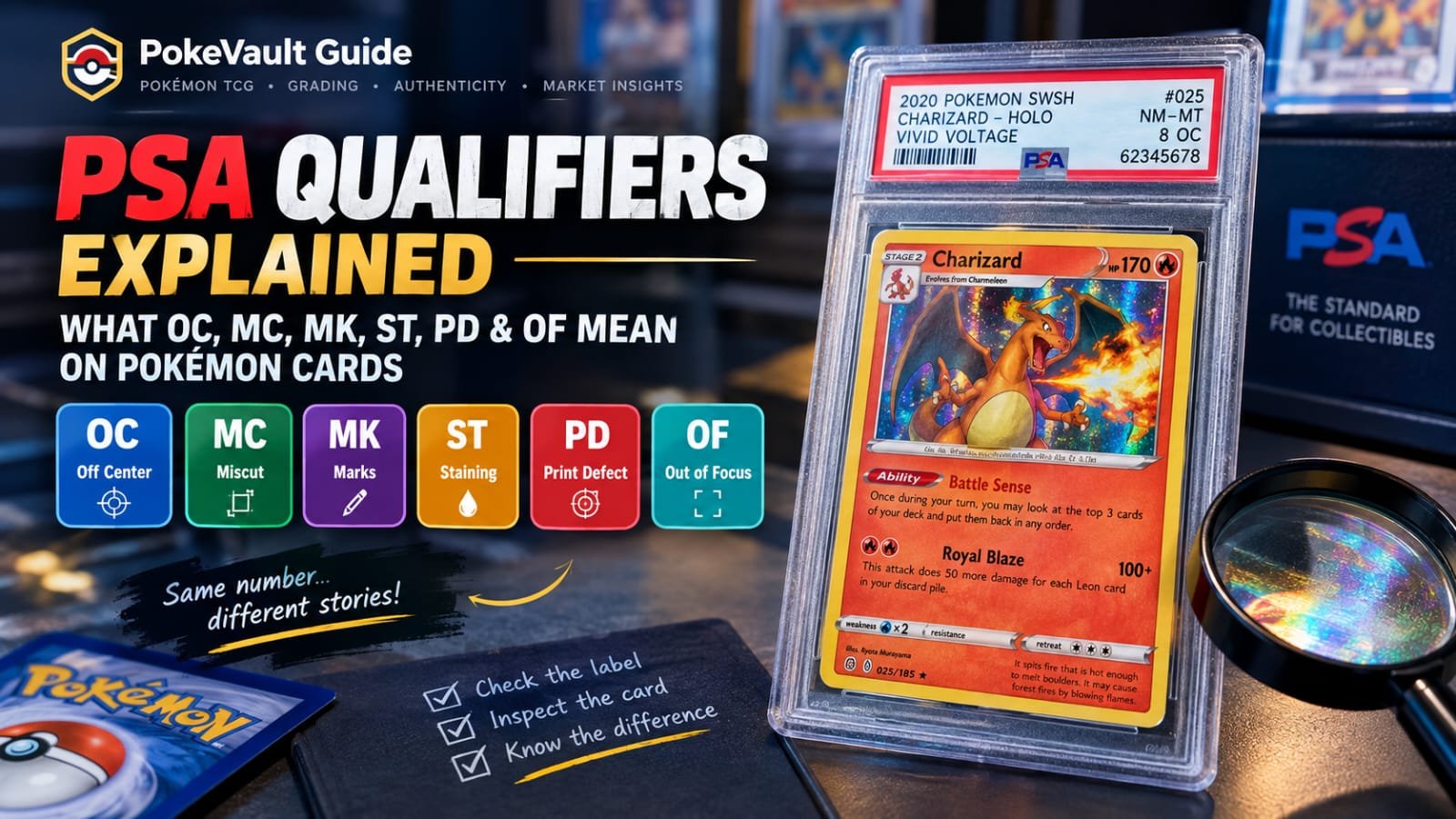 PSA qualifiers explained for Pokémon cards including OC MC MK ST PD and OF