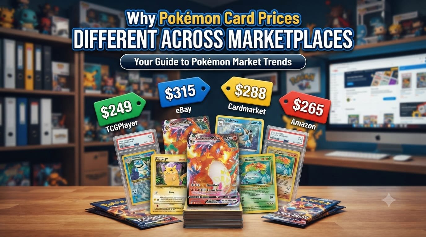 Infographic for Why Pokémon Card Prices Different Across Marketplaces showing graded Pokémon cards with different price tags for TCGPlayer, eBay, Cardmarket, and Amazon on a wooden desk.