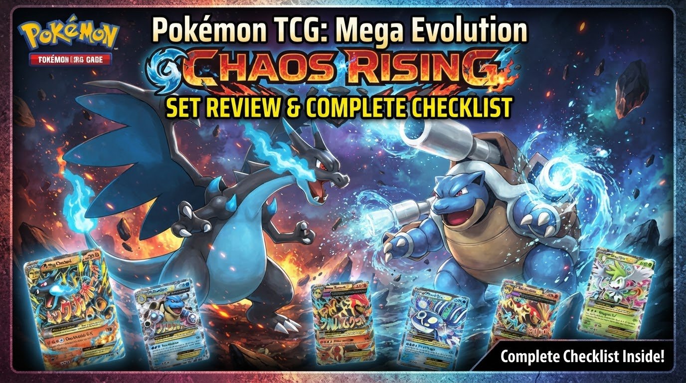 Thumbnail image for Pokémon TCG: Mega Evolution Chaos Rising set review featuring Mega Charizard, Blastoise, and full checklist.