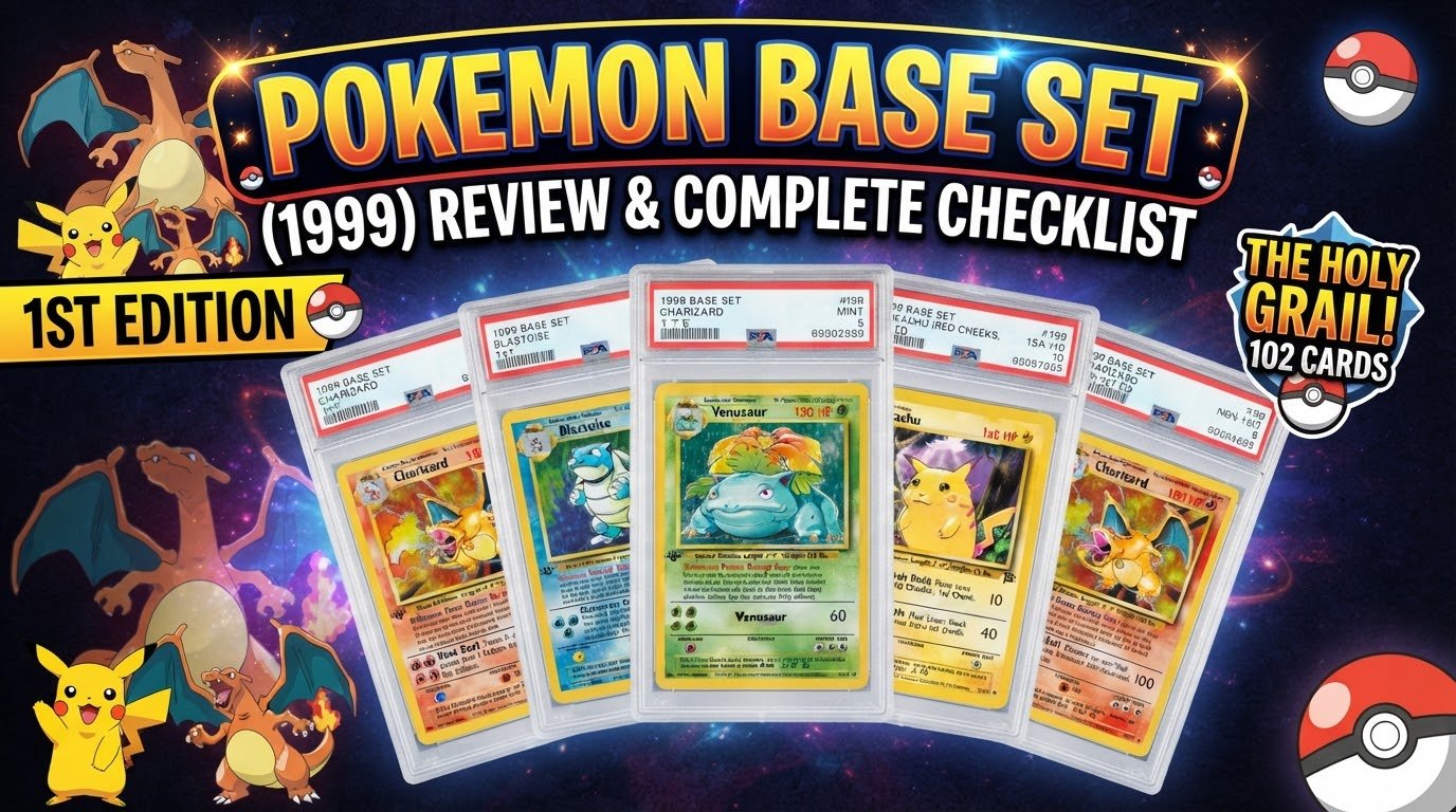 Promotional thumbnail showcasing graded 1999 Pokémon Base Set cards including Charizard, Blastoise, and Venusaur.