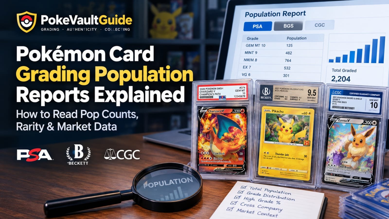 Pokémon card grading population reports with PSA, BGS, and CGC slabs, population data, grade counts, and market analysis
