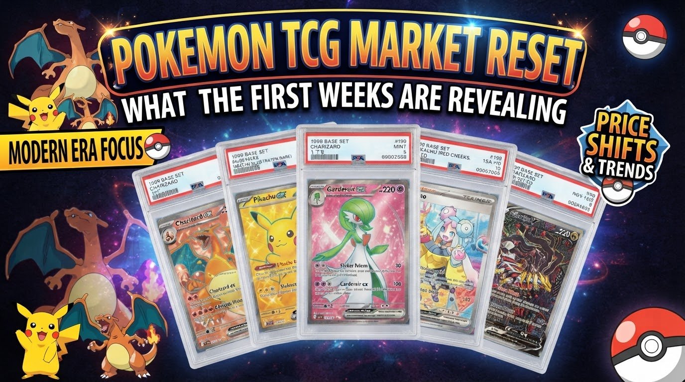 YouTube-style thumbnail for an article analyzing the Pokémon TCG market, featuring graded modern cards, a Charizard, and a Pikachu silhouette.
